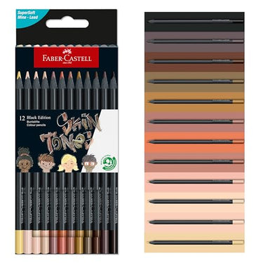 Faber-Castell 116414 Black Edition Buntstifte Hauttöne 12er Box, Lebendige Buntstifte, Bruchsichere Kunststifte mit ergonomischem Griff, Malstifte für helles und dunkles Papier im Sale